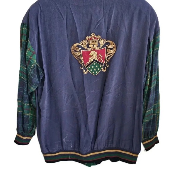 Vintage 90s Sunny Leigh Silk Button Up Multicolor Jacket Tartan Sleeves Small - Picture 6 of 7